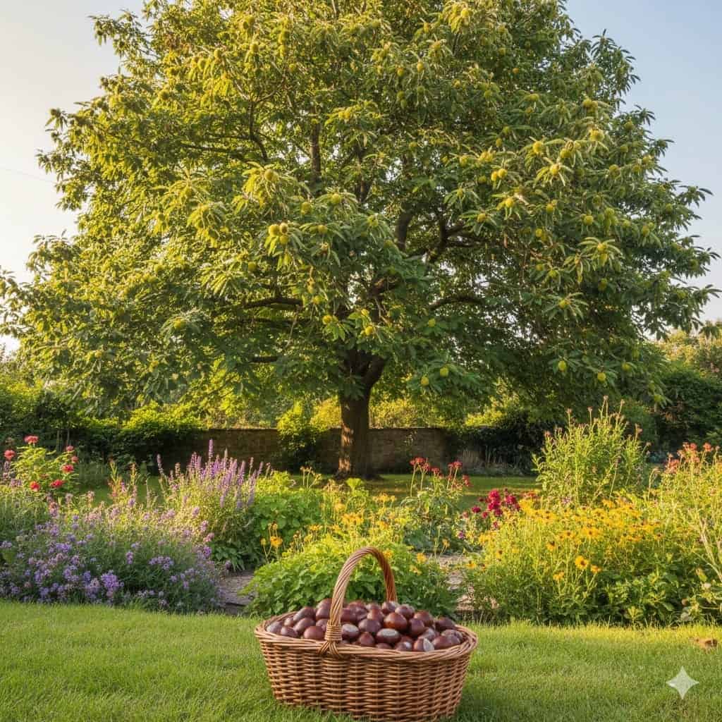 Et stemningsfuldt billede af et stort, solbeskinnet ægte kastanjetræ i en frodig have. Træet har brede, savtakkede blade og bærer piggede kapsler, hvor blanke, brune kastanjer titter frem. I forgrunden ses en kurv med nyhøstede kastanjer, og i baggrunden anes en hyggelig have med blomstrende stauder og grønne buske. Stemningen er varm og indbydende, og billedet udstråler både naturglæde og høsttid.