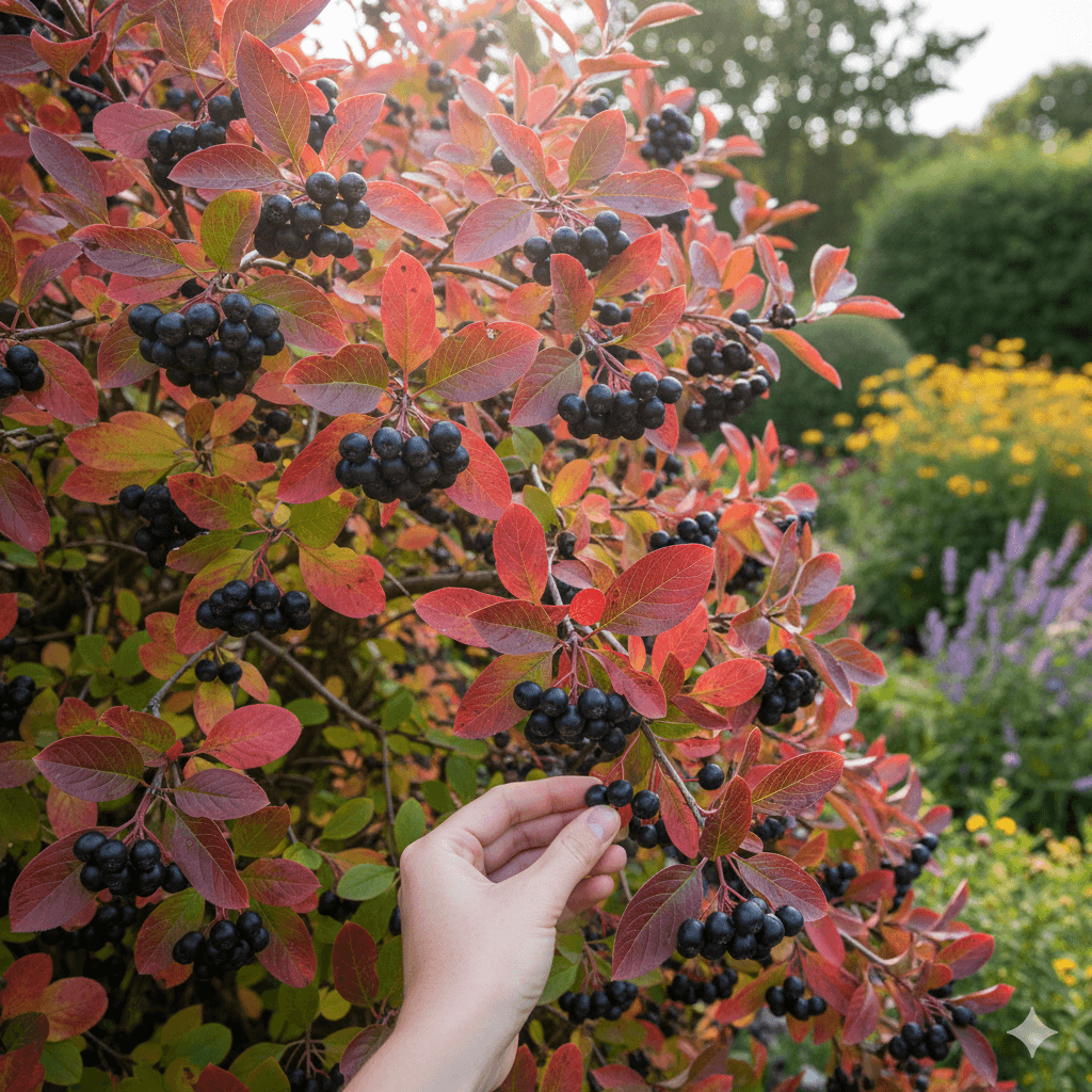 Et stemningsfuldt billede af en frodig aronia busk i sensommeren, dækket af mørke, næsten sorte bær og omgivet af dybt røde og orange efterårsblade. I forgrunden ses en hånd, der forsigtigt plukker et bær, mens sollyset filtrerer gennem løvet og fremhæver buskens intense farver. I baggrunden anes en have med blomster og grønne planter, der understreger aroniabusken som både prydplante og spiselig skat.