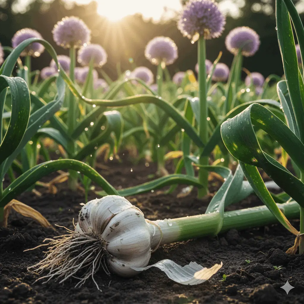 Et stemningsfuldt billede af elefanthvidløg i haven: Store, grønne planter med kraftige stængler og brede blade, omgivet af frodig jord. I forgrunden ses et stort, frisk opgravet elefanthvidløg med flere fede, lyse løg, og i baggrunden anes lilla blomsterkugler på høje stilke. Sollyset falder blødt over planterne og fremhæver deres størrelse og vitalitet.