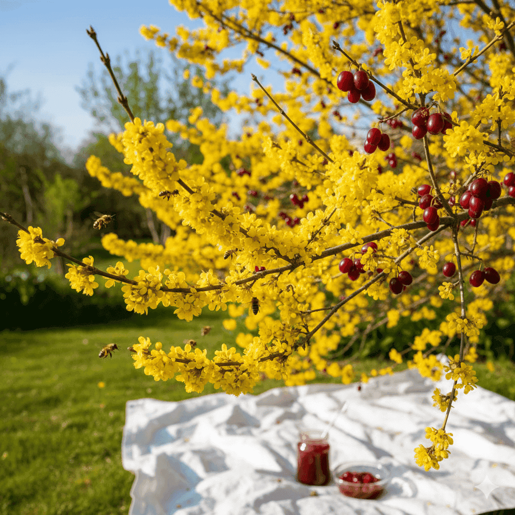 Blomsterne kirsebærkornel Cornus mas