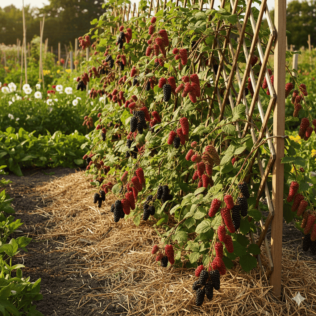 en frodig taybærplante i fuld sol, hvor de lange ranker er bundet op på et espalier. Planten bugner af store, mørkerøde bær, der hænger i klaser, klar til høst. I forgrunden ses muld dækket af kompost og halm, og i baggrunden anes en grøn køkkenhave. Stemningen er sommerlig, indbydende og præget af overflod, med fokus på både plantens struktur og de saftige bær.