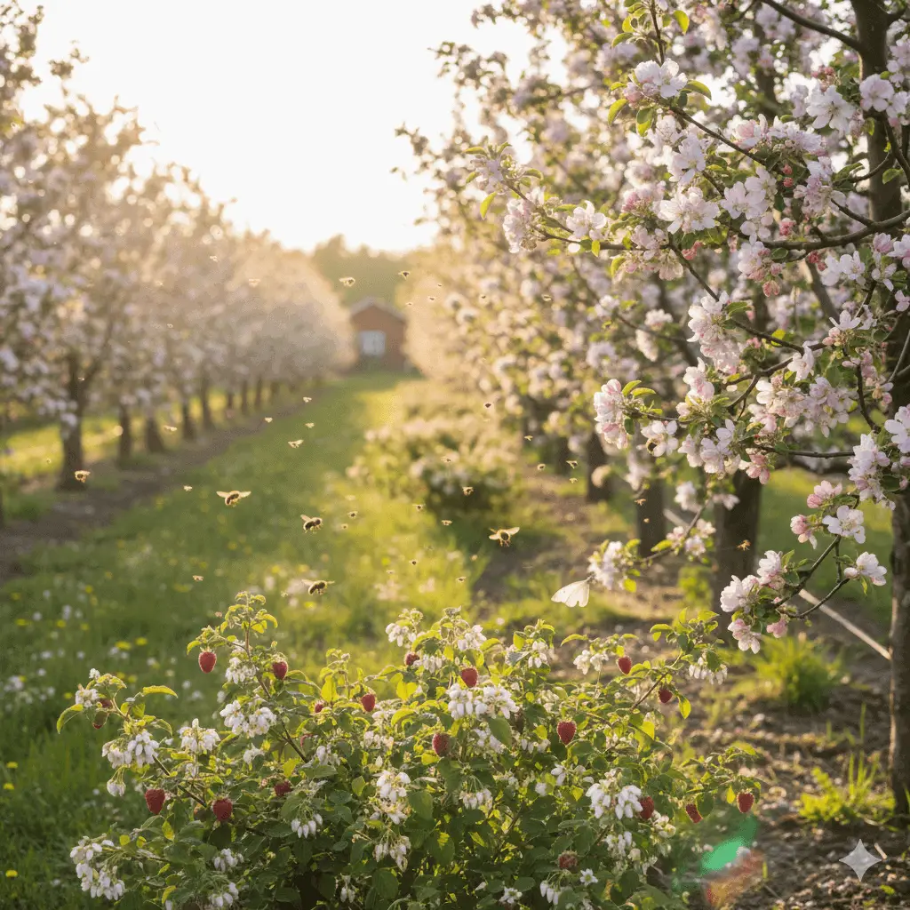 stemningsfuldt billede af blomstrende frugttræer og buske med en masse bestøvende insekter
