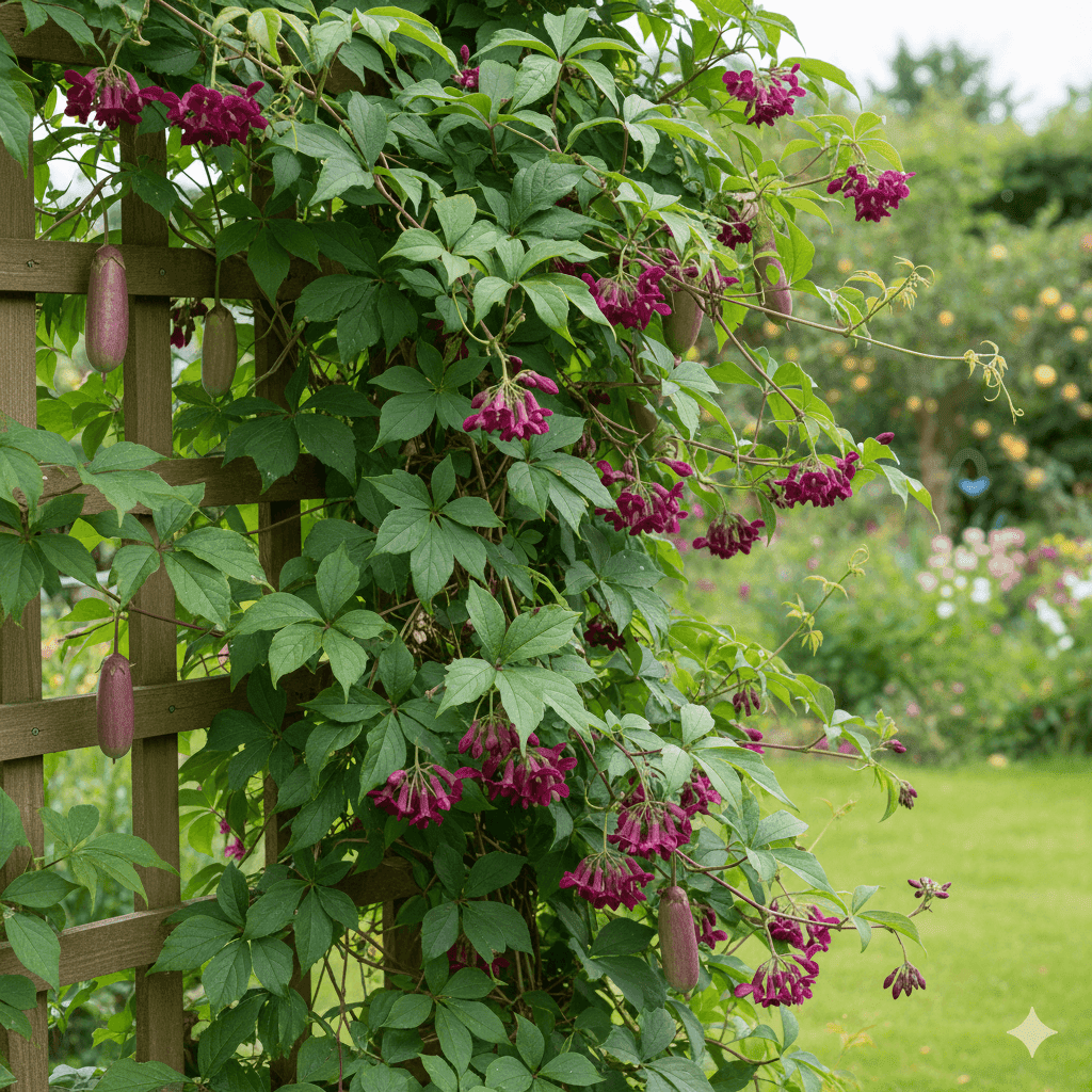 Skab et stemningsfuldt billede af Akebia quinata (chokoladevin/chokoladeranke) i en dansk have. Vis planten som en frodig, slyngende klatreplante på et espalier eller pergola, med elegant, femdelt løv og dybrøde blomsterklaser. Inkludér gerne de karakteristiske lilla, aubergine-lignende frugter, hvis muligt. Baggrunden skal udstråle en grøn, levende have med et let, naturligt og lidt eksotisk præg – gerne med et strejf af forår eller tidlig sommer. Stemningen skal være indbydende, inspirerende og vise, hvordan akebia kan skabe både skønhed og liv i haven.