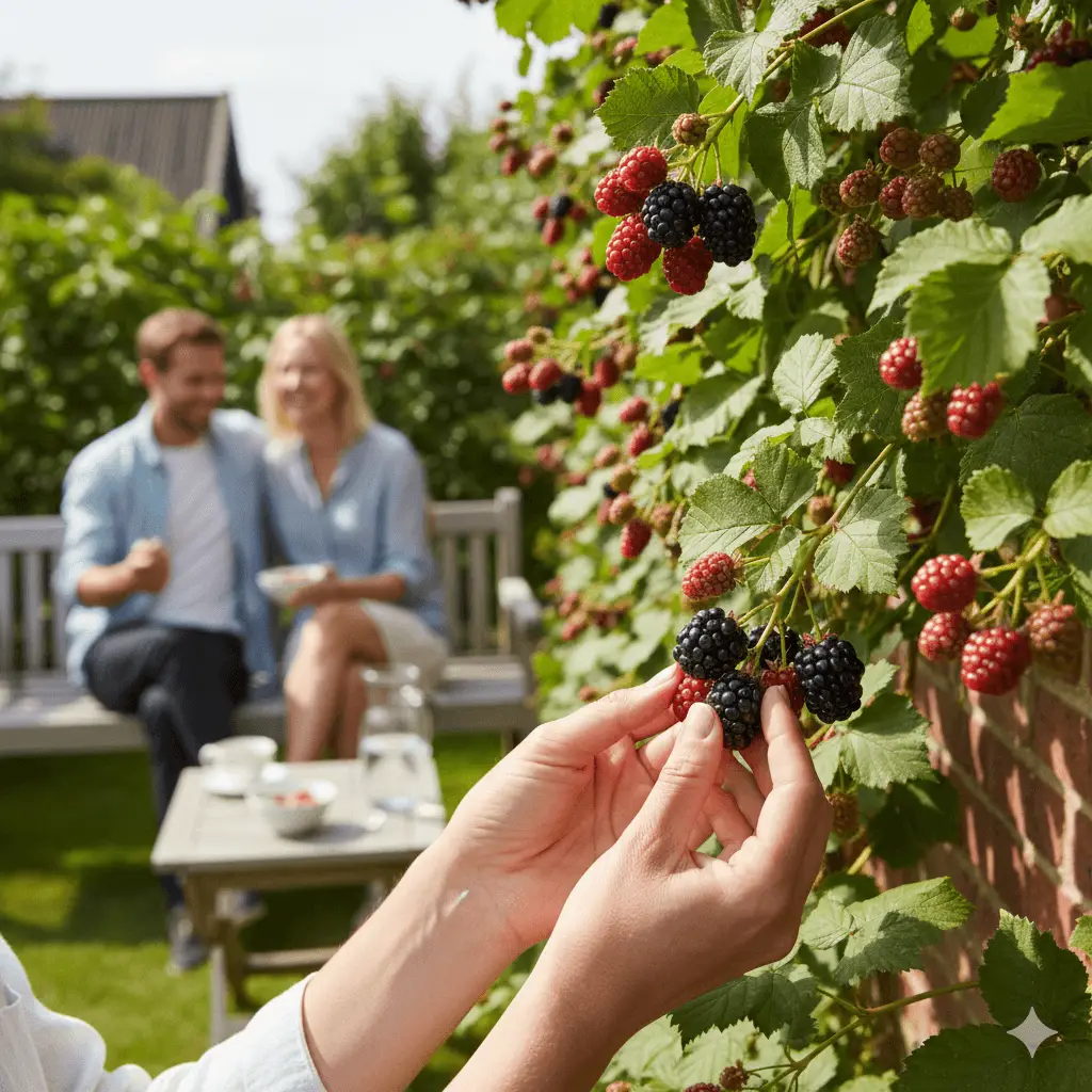stemningsfuldt billede af en frodig boysenbærbusk i en dansk have på en solrig sommerdag. Busken bugner af store, dybrøde til næsten sorte bær, der hænger i klaser blandt grønne blade. I forgrunden ses en hånd, der nænsomt plukker modne boysenbær. Baggrunden viser et espalier op ad en sydvendt mur, og lyset fremhæver bærrenes glans og saftighed. Stemningen skal være indbydende, naturlig og emme af sommer, haveglæde og den særlige følelse af at dele en hemmelig delikatesse med gode venner.
