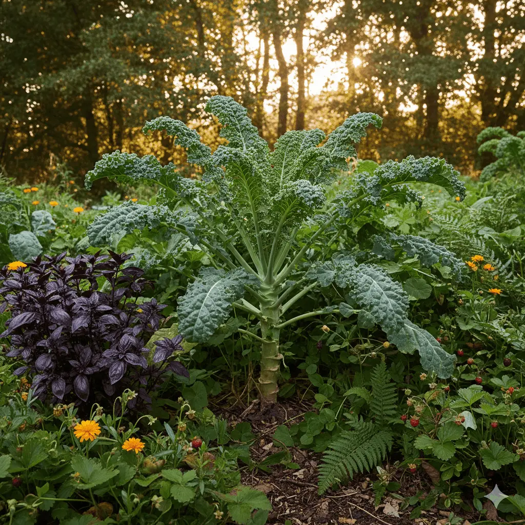 Et stemningsfuldt billede af en frodig, flerårig grønkålsplante i en skovhave. Planten står kraftig og buskagtig med store, grønne, let fligede blade, omgivet af andre spiselige planter og blomster. I baggrunden ses et naturligt, let skyggefuldt miljø med solstråler, der filtreres gennem trækronerne. Stemningen er rolig og inspirerende, og billedet udstråler bæredygtighed og overflod.