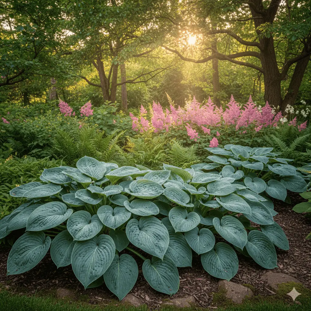 Et stemningsfuldt billede af en frodig skyggehave med store, blåduggede Hosta sieboldiana 'Elegans' i forgrunden. De imponerende, hjerteformede blade danner et tæt, grønt tæppe under skyggefulde træer. I baggrunden ses bregner og lyserøde astilber, der skaber kontrast. Solens stråler filtreres blidt gennem løvet, og haven udstråler ro, elegance og naturlig skønhed.