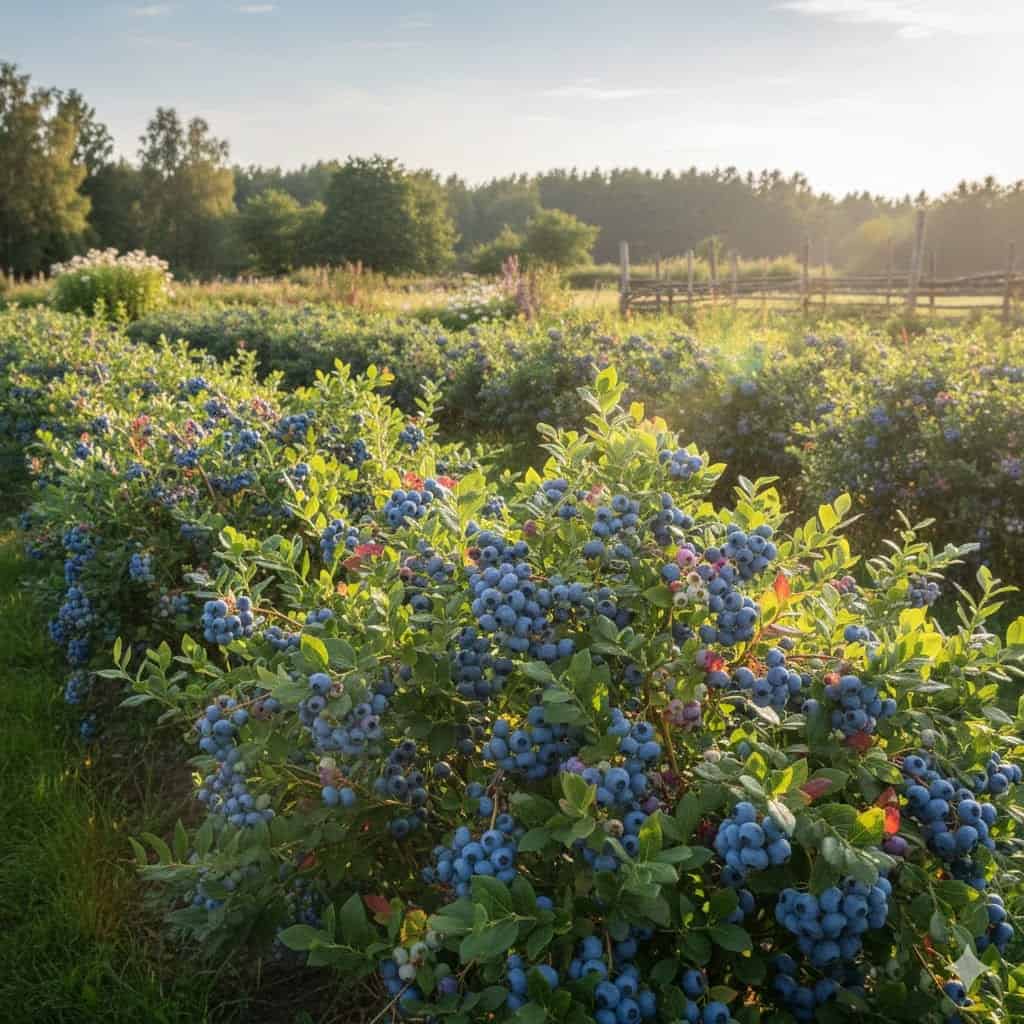 Et stemningsfuldt billede af modne blåbærbuske i en dansk have i juli. Buskene står frodigt med støvede, blå bær, der hænger tæt og indbydende. I baggrunden anes grønne omgivelser og blødt sollys, der fremhæver den nordiske sommerstemning. Fokus på både bær, blade og den naturlige overflod, som blåbærbuske kan give i haven.