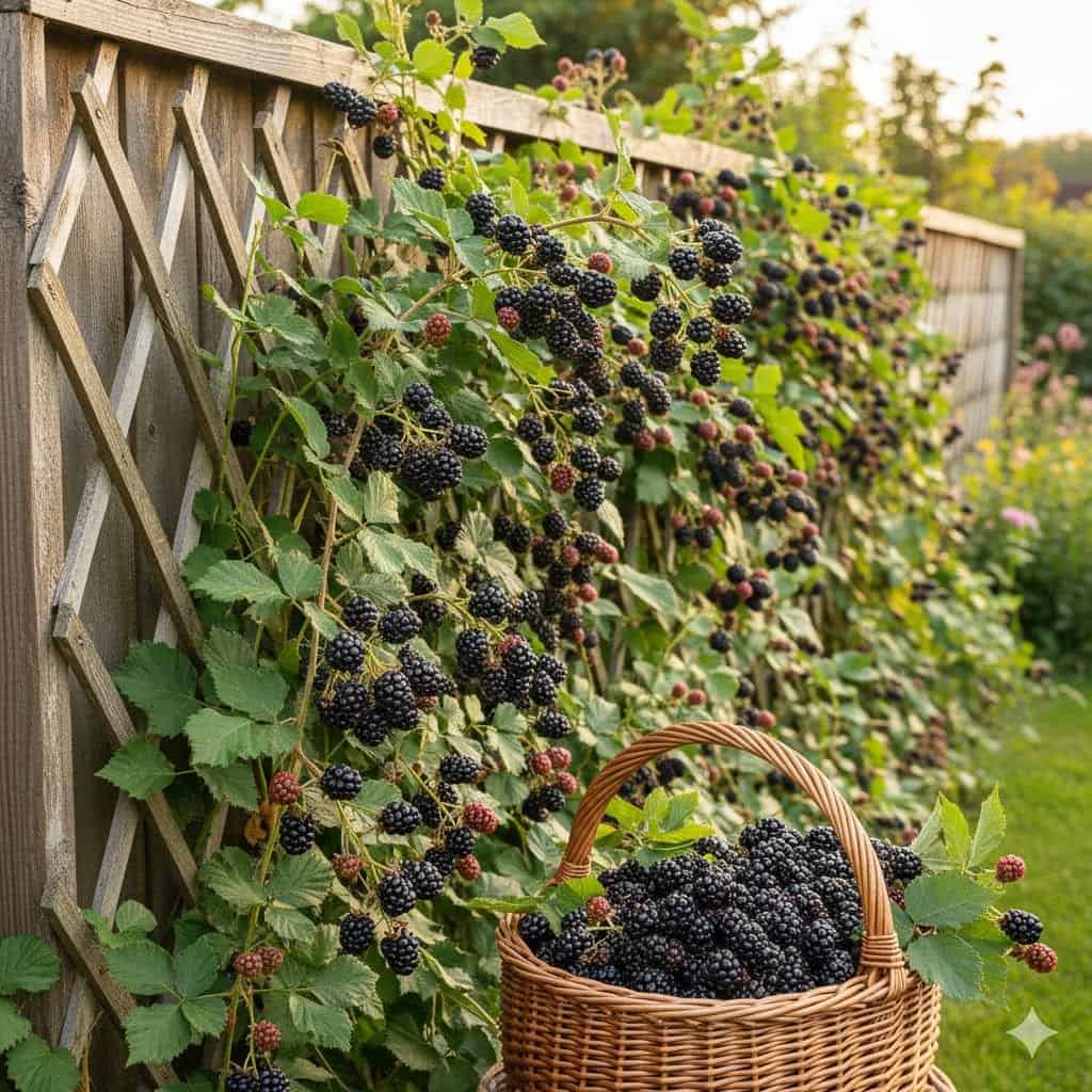 Et inspirerende havebillede af en frodig, tornfri brombærbusk i sensommeren. Rankerne er elegant opbundet på et espalier langs et solrigt hegn, og store, dybsorte bær hænger tæt mellem grønne, sunde blade. I forgrunden ses en kurv med friskplukkede brombær, og stemningen er lys, indbydende og præget af sensommerens overflod.