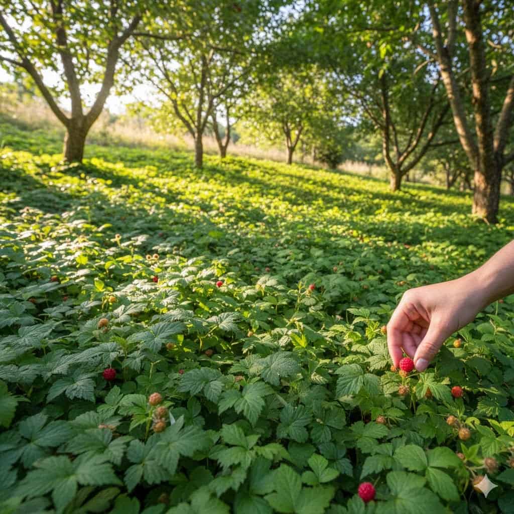 Et stemningsfuldt billede af en frodig have med bunddækkende hindbærplanter (Rubus pentalobus og Rubus tricolor), der danner et tæt, grønt tæppe under frugttræer. Sollyset filtrerer ned gennem trækronerne, og små, farverige bær lyser op mellem de blanke blade. I baggrunden ses en let skråning dækket af de krybende planter, mens en hånd plukker et bær til at spise. Stemningen er rolig, naturlig og indbydende – et inspirerende eksempel på spiseligt bunddække i en moderne skovhave.