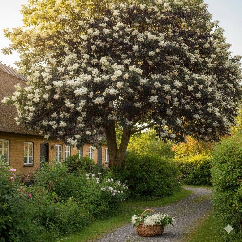 hyldetræ i haven, land idyl