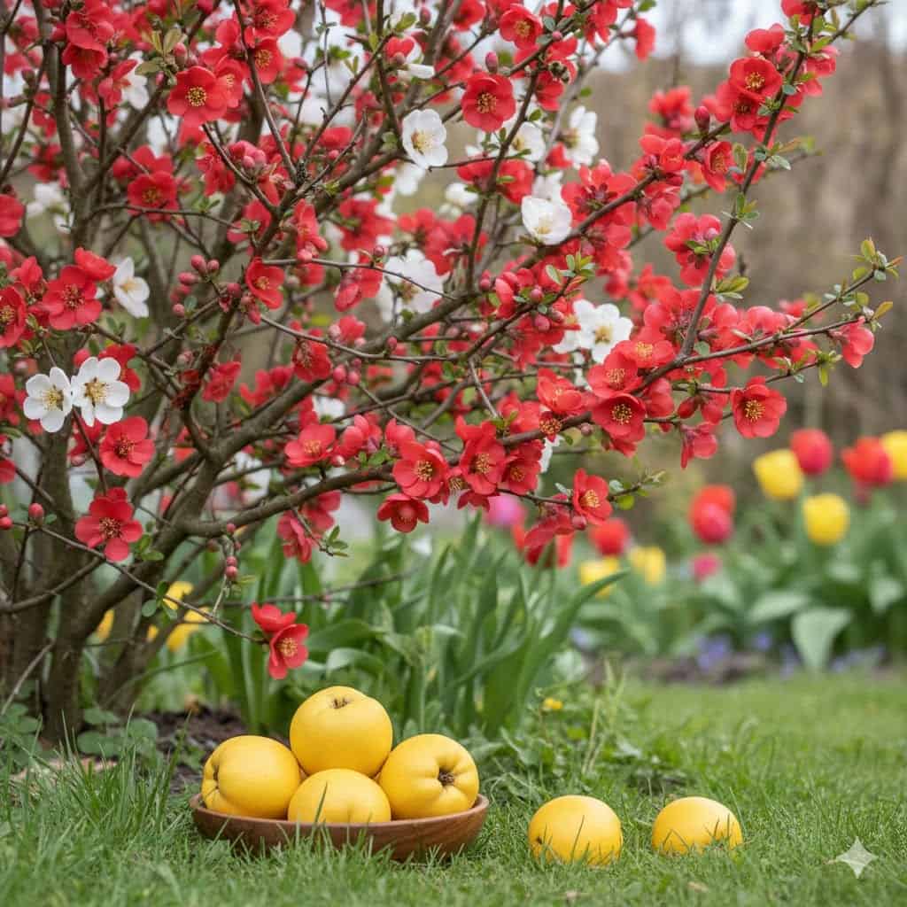 Et stemningsfuldt forårsbillede af en japansk kvædebusk i blomst, med tætte grene dækket af røde, koral- eller hvide blomster på bar gren. I forgrunden ses modne, gule kvædefrugter med en let voksagtig overflade, der ligger i græsset eller i en skål. Baggrunden viser en frodig have med tidlige grønne skud og måske et par summende bier ved blomsterne. Stemningen er frisk, lys og indbydende, med fokus på både buskens blomsterpragt og de karakteristiske frugter.