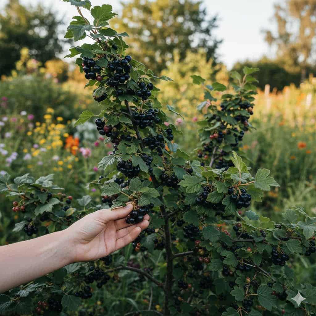 Et stemningsfuldt billede af en frodig jostabærbusk i en nordisk have. Busken er tæt, grøn og tornløs, fyldt med næsten sorte, modne bær, der hænger i klaser. I forgrunden ses en hånd, der plukker bær uden handsker. Baggrunden viser en naturlig, økologisk have med blomster og andre frugtbuske, og lyset er blødt og sommerligt. Stemningen skal udstråle robusthed, spiselighed og glæden ved at høste direkte fra haven.