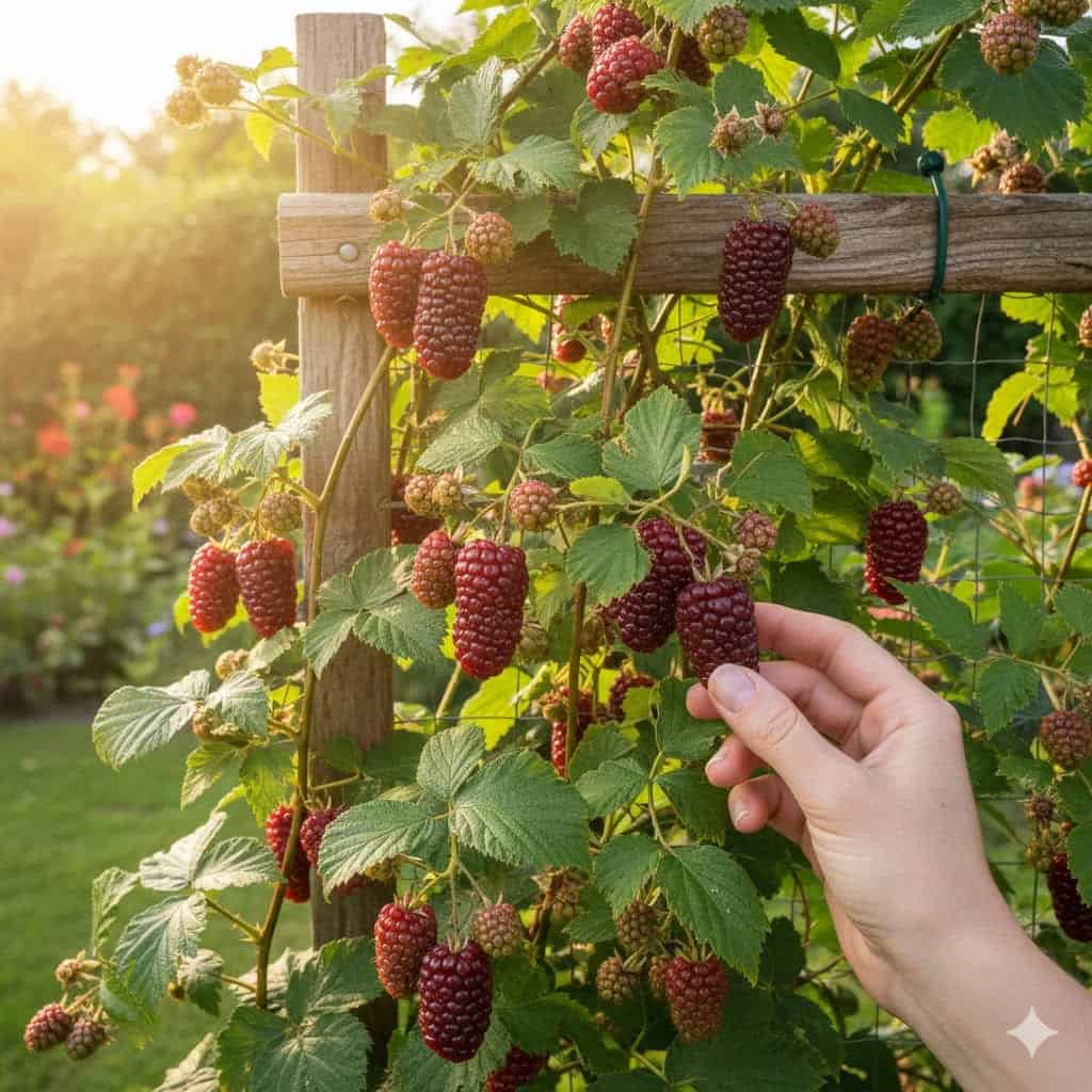Et stemningsfuldt billede af en frodig loganbærplante i sommerhaven, hvor de lange, grønne ranker bugter sig op ad et espalier eller trådhegn. Planten er fyldt med store, mørkerøde loganbær, nogle modne og klar til plukning, andre stadig let rødlige. I forgrunden ses en hånd, der forsigtigt plukker et bær, mens sollyset filtrerer gennem bladene og skaber et varmt, indbydende lys. I baggrunden anes en hyggelig have med blomster og grønne buske, der understreger loganbærrets plads som både historisk og moderne bærplante i danske haver.