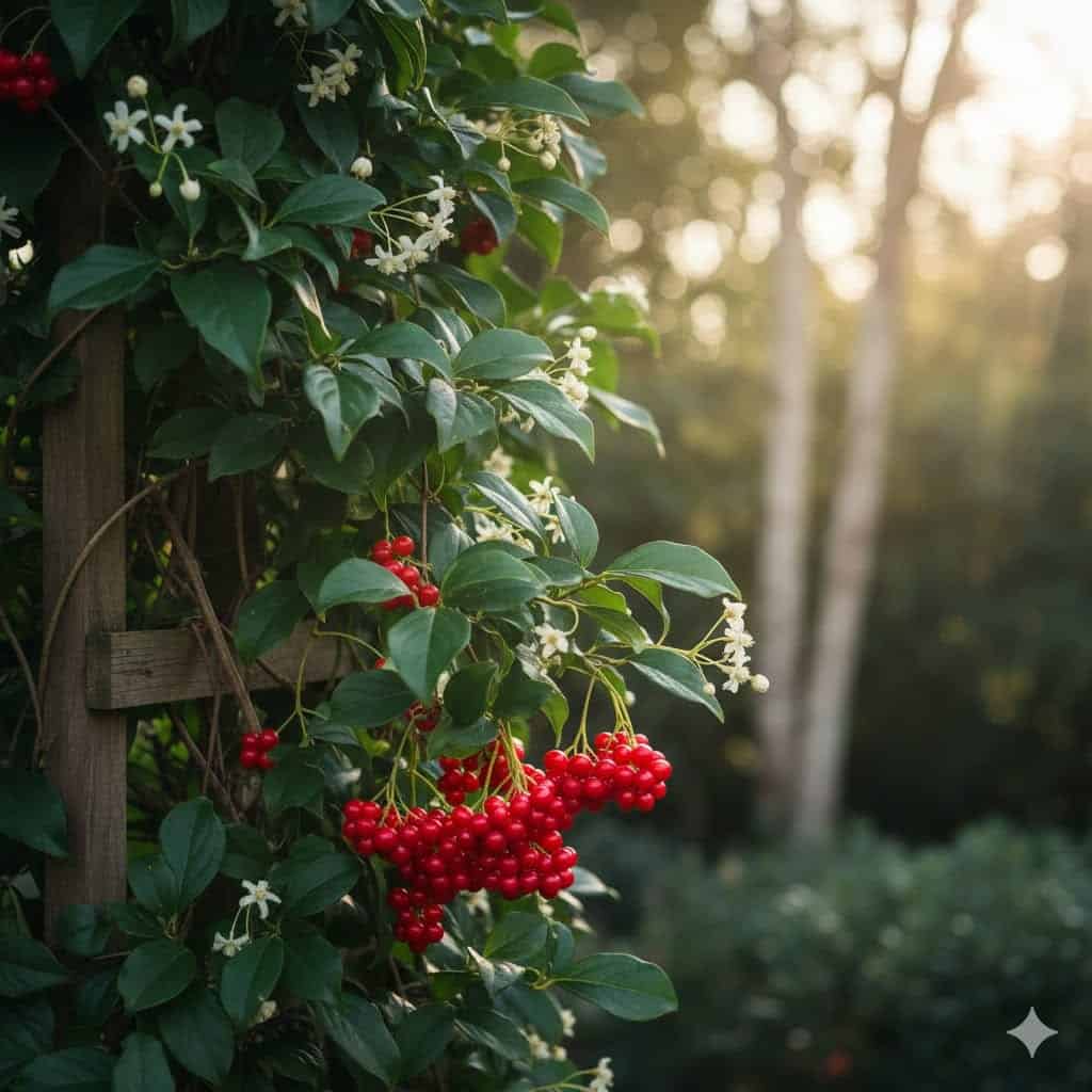 Et stemningsfuldt billede af Schisandra chinensis (kinesisk magnoliavin): En frodig, løvfældende klatreplante med blanke, grønne blade, der slynger sig op ad et espalier i en halvskygget have. I forgrunden ses klaser af lysende røde bær, der hænger tæt sammen, og små cremehvide blomster. Baggrunden er blød og naturlig, med et strejf af morgensol, der filtrerer gennem let løv. Stemningen er rolig, inspirerende og naturlig, med fokus på plantens eksotiske og medicinske egenskaber.