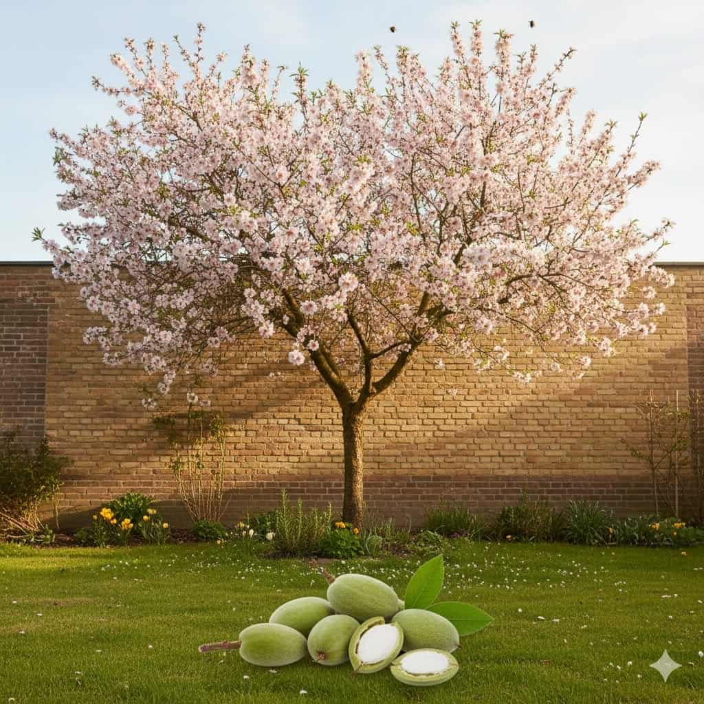 Skab et stemningsfuldt billede af en dansk have i det tidlige forår, hvor et blomstrende mandeltræ står i centrum. Træet har lyserøde blomster, og omkring det ses grønne græsplæner, et lille bed med urter og måske en sydvendt mur, der giver læ. I forgrunden ligger en håndfuld friske mandler – nogle i grøn skal, andre knækkede, så de lyse kerner ses. Stemningen skal være mild og inspirerende, med et strejf af Sydeuropa, men tydeligt placeret i et nordisk haveunivers. Solen skinner blidt, og der er små bier ved blomsterne, som antyder træets betydning for økosystemet.