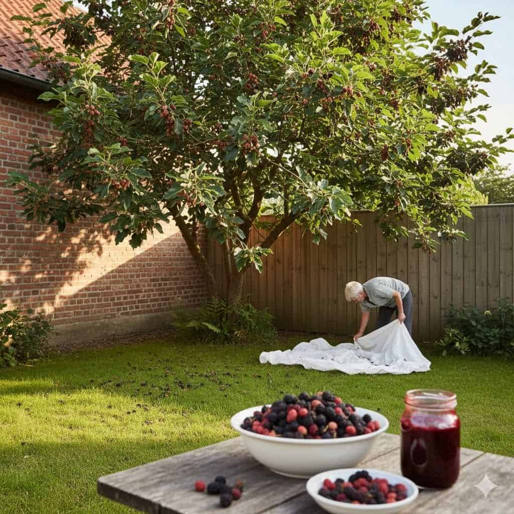 dansk havehjørne med et frodigt morbærtræ i centrum. Træet bugner af modne, mørke og lyse morbær, mens enkelte bær er faldet ned på det grønne græs under kronen. I baggrunden ses en solbeskinnet mur eller et plankeværk, der skaber læ og varme. Omkring træet summer fugle og insekter, og en haveejer samler forsigtigt bær i et lagen under grenene. I forgrunden ligger en skål med friske og tørrede morbær samt et glas hjemmelavet morbær marmelade. Stemningen er rolig, sommerlig og fuld af liv – et billede på både dansk haveliv og kulturhistorie.