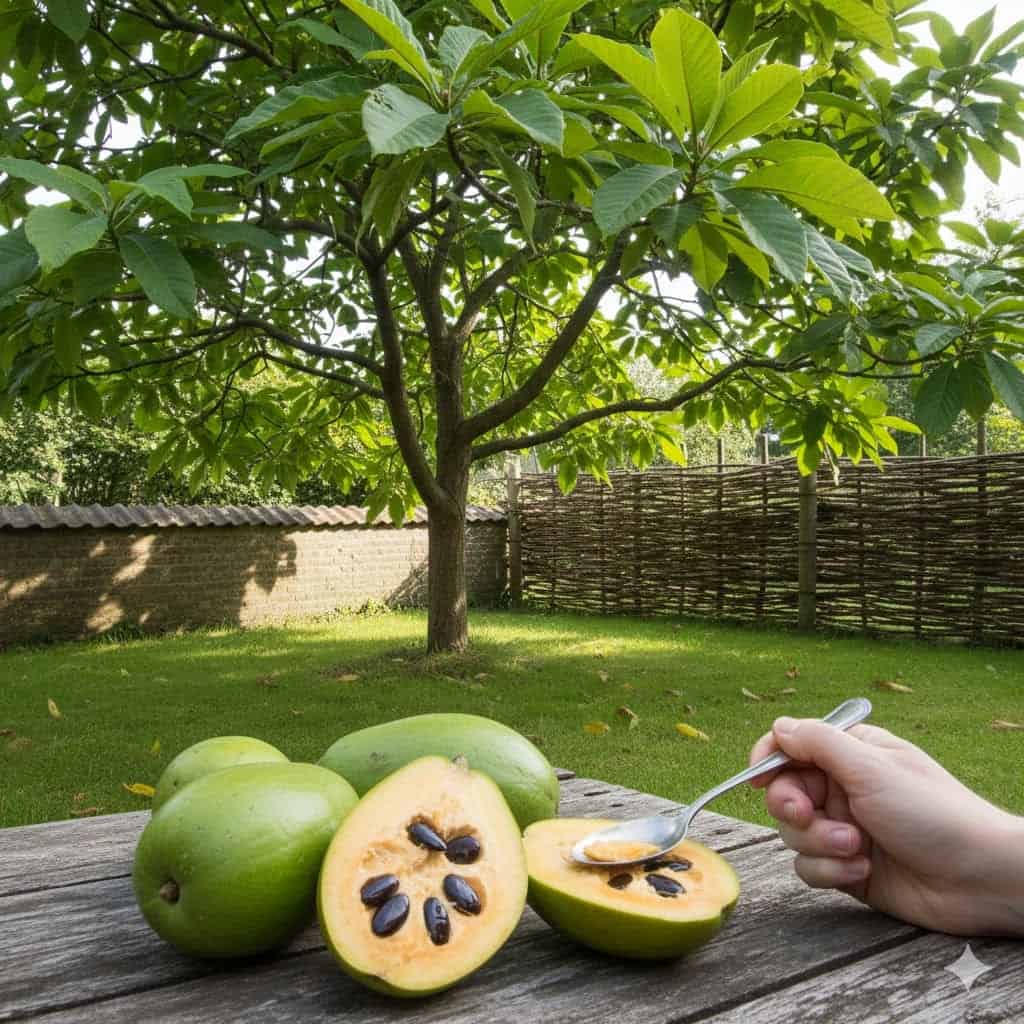 Et stemningsfuldt billede af et modent pawpaw-træ i en dansk have: Træet står i let sollys med store, hængende, tropisk udseende blade, omgivet af grøn, frodig have. I forgrunden ses modne, grønne pawpaw-frugter, hvor én er skåret over og afslører det cremede, gul-orange frugtkød og de store, bønnelignende frø. En hånd holder forsigtigt en ske klar til at smage. I baggrunden antydes læhegn og et klassisk dansk haveelement, som fx en lav mur eller et hegn, der understreger plantens eksotiske, men hårdføre karakter. Stemningen er rolig, inspirerende og indbydende – et møde mellem nordisk have og subtropisk frugt.
