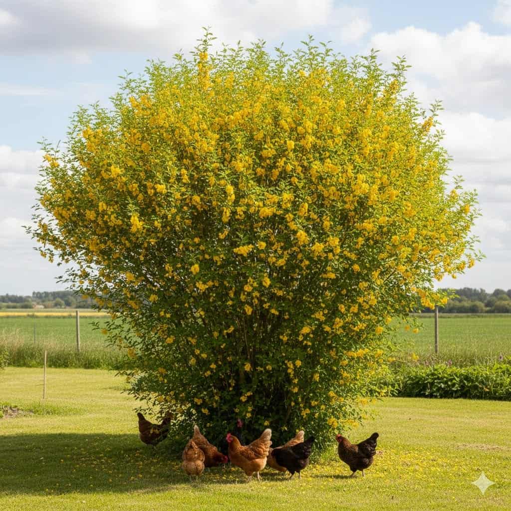 Et inspirerende billede af et sibirisk ærtetræ (Caragana arborescens) i fuld flor i en dansk have. Træet står som en tæt, grøn busk eller lille træ med fine, lysegrønne blade og masser af gule blomster i maj/juni. I baggrunden ses et åbent landskab med vind, måske et læhegn eller en hæk, og gerne nogle høns eller andre dyr, der nyder skyggen under træet. Stemningen er frodig, robust og naturlig, med fokus på både plantens skønhed, dens funktion som læhegn og dens rolle i økosystemet.