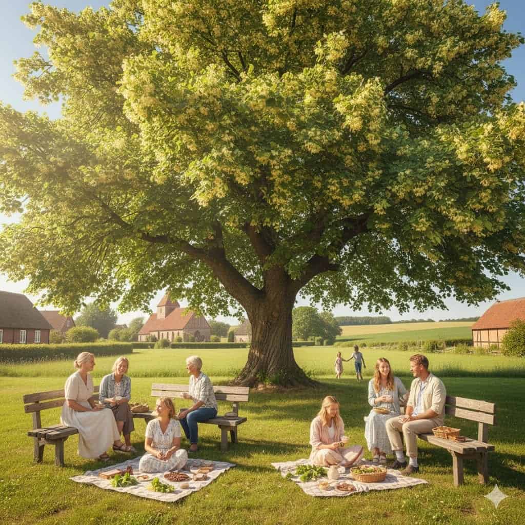 Et gammelt, majestætisk lindetræ står midt i en dansk landsby, omgivet af grønne marker og små huse. Træet er fyldt med lysegrønne, hjerteformede blade og duftende blomsterklaser, hvor bier summer. Under træet sidder mennesker på bænke og nyder sommeren – nogle drikker lindeblomst-te, andre har picnic med salater pyntet med friske lindeblade og små stykker linde-chokolade. I baggrunden ses børn, der leger, og en gammel landsbykirke. Stemningen er fredelig, varm og livsbekræftende, med et strejf af dansk kultur og natur.