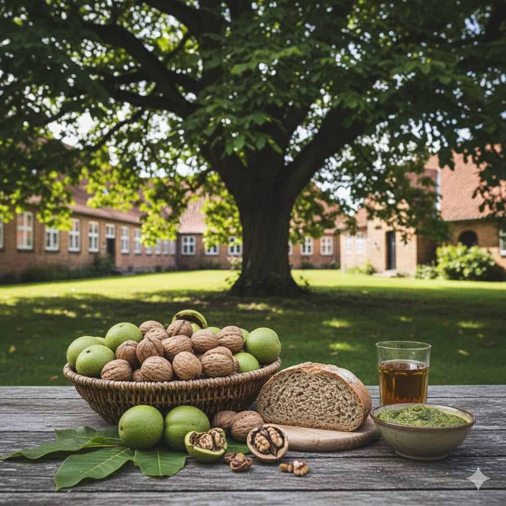 Et majestætisk valnøddetræ i en frodig dansk have, med bred krone og dyb skygge. I forgrunden ses en kurv med friske valnødder, nogle stadig i grøn skal, andre tørrede og knækkede. På et rustikt havebord ligger en skive valnøddebrød, et glas valnøddesnaps og en lille skål valnøddepesto. Stemningen er rolig og tidløs, med bløde solstråler, der filtrerer gennem bladene, og antydningen af gamle herregårdsbygninger i baggrunden.