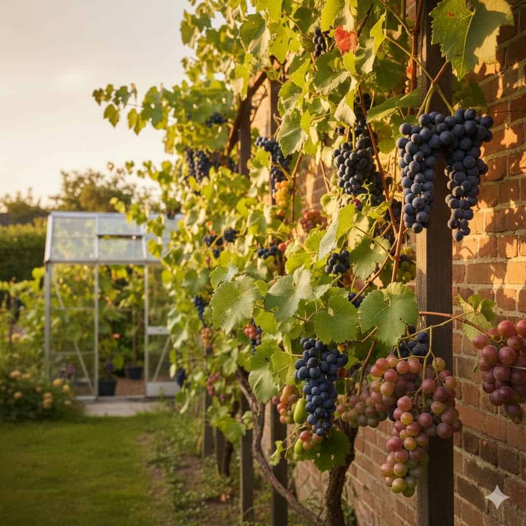 Et stemningsfuldt billede af en dansk have i sensommeren med forskellige vindruesorter. I forgrunden ses frodige vinranker med både blå, grønne og rødlige drueklaser – blandt andet aflange daddeldruer og runde spisedruer. Nogle klaser hænger over et espalier eller en pergola, mens andre vokser op ad en solbeskinnet mur. I baggrunden anes et lille drivhus med flere vinplanter. Stemningen er varm, frodig og indbydende, med grønne blade, modne druer og blødt sollys, der skaber en sydlandsk atmosfære i den danske have.