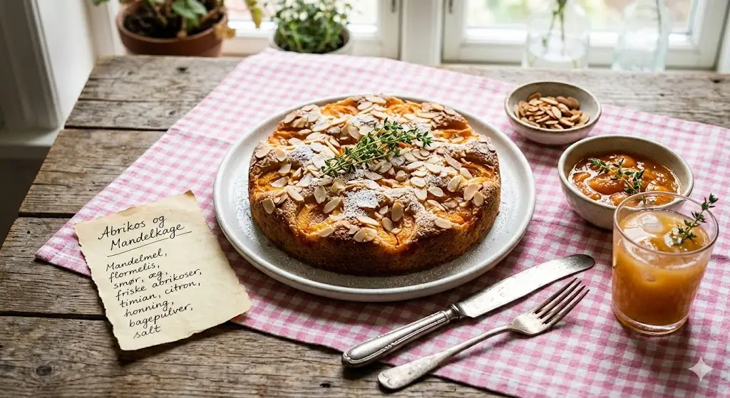 Hjemmebagt abrikos- og mandelkage: En svampet kage med gyldne abrikoser og sprøde mandelflager, serveret på en rødternet dug på et rustikt træbord. Ved siden af kagen ses en håndskreven opskrift på dansk, friske halverede abrikoser og en lille skål med mandler. Stemningen er varm, indbydende og hjemlig.