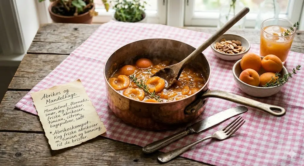 Nærbillede af hjemmelavet abrikoskompot med frisk timian og honning, der simrer i en rustik kobberkasserolle på et rustikt træbord med lyserød gingham-dug. Ved siden af ses en håndskreven opskrift på abrikos- og mandelkage og abrikoskompot, samt skåle med friske abrikoser, mandler og et glas abrikosjuice i blødt, naturligt lys fra et vindue. Autentisk nordisk landkøkken stemning.