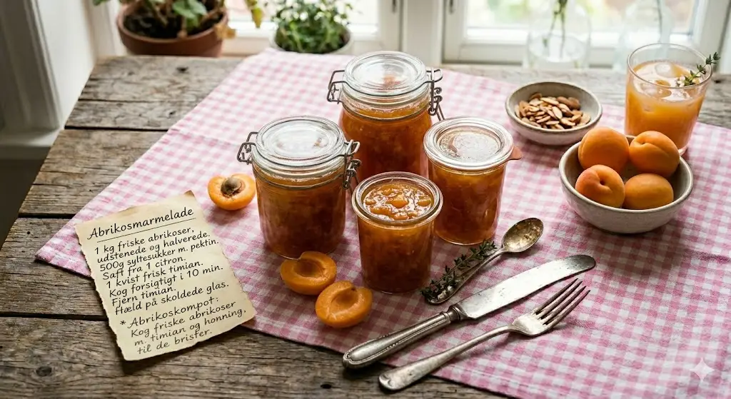Hjemmelavet abrikosmarmelade i patentglas på et rustikt træbord med lyserød gingham-dug, ved siden af en håndskreven opskrift, friske abrikoser og mandler.