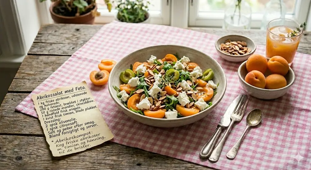 Frisk og indbydende abrikossalat med feta, rucola og mandler serveret i en rustik skål på en rødternet dug. Ved siden af tallerkenen ses en håndskreven opskrift på abrikossalat, friske abrikoser og et glas friskpresset juice. Stemningen er hyggelig og hjemlig.