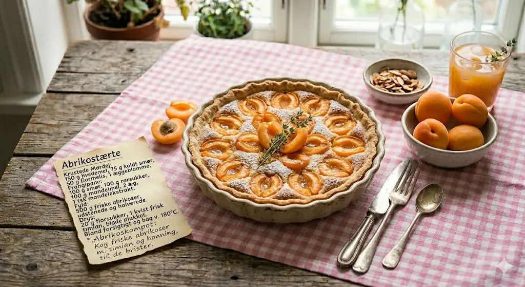 Hjemmelavet abrikostærte med friske abrikoser og timian, serveret på en rødternet dug på et rustikt træbord. Ved siden af tærten ses en håndskreven opskrift, friske abrikoser og et glas friskpresset juice. Stemningen er hyggelig og hjemlig.
