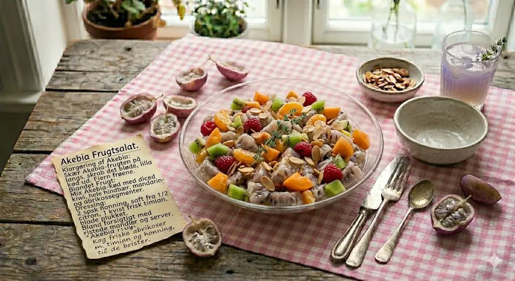 Hjemmelavet frugtsalat med akebia, hindbær, mandarin og kiwi serveret på en rødternet dug på et rustikt træbord. Ved siden af skålen ses en håndskreven opskrift på frugtsalaten, friske akebia-frugter og et glas lilla drik. Stemningen er hyggelig og hjemlig.