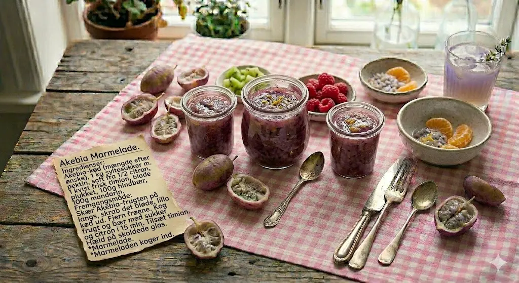 Hjemmelavet akebia-marmelade: En rustik, purple delikatesse med smag af pære og kokos, serveret på en rødternet dug på et rustikt træbord. Ved siden af glasset med marmelade ses en håndskreven opskrift på marmeladen, friske akebia-frugter og en lille skål med ristede mandler. Stemningen er hyggelig og hjemlig.