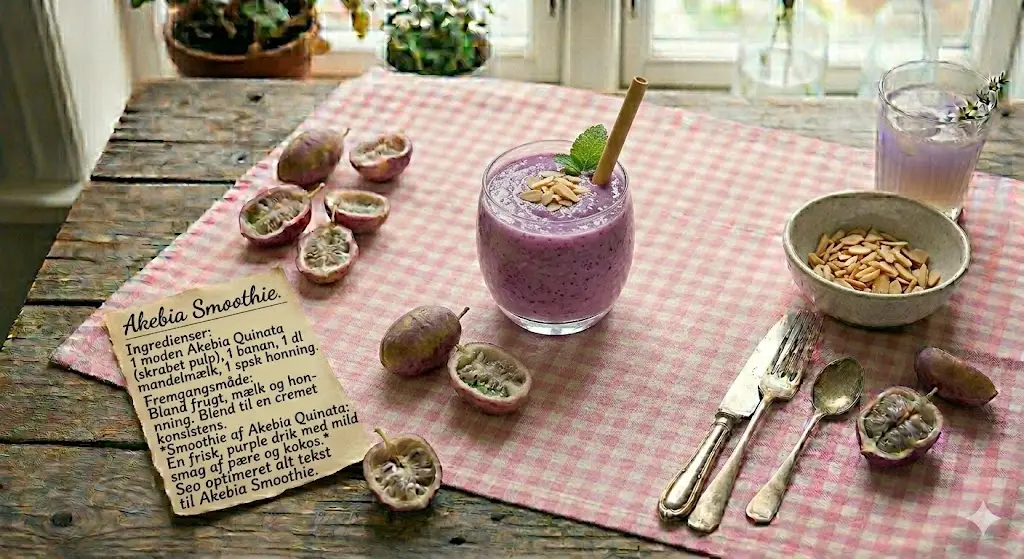 Hjemmelavet lilla Akebia smoothie: En cremet og sund drik lavet af eksotiske Akebia Quinata frugter, banan og mandelmælk, toppet med ristede mandler. Smoothien er placeret på en rødternet dug på et rustikt træbord ved siden af en håndskreven opskrift på dansk og friske Akebia frugter. Stemningen er hyggelig og hjemlig.