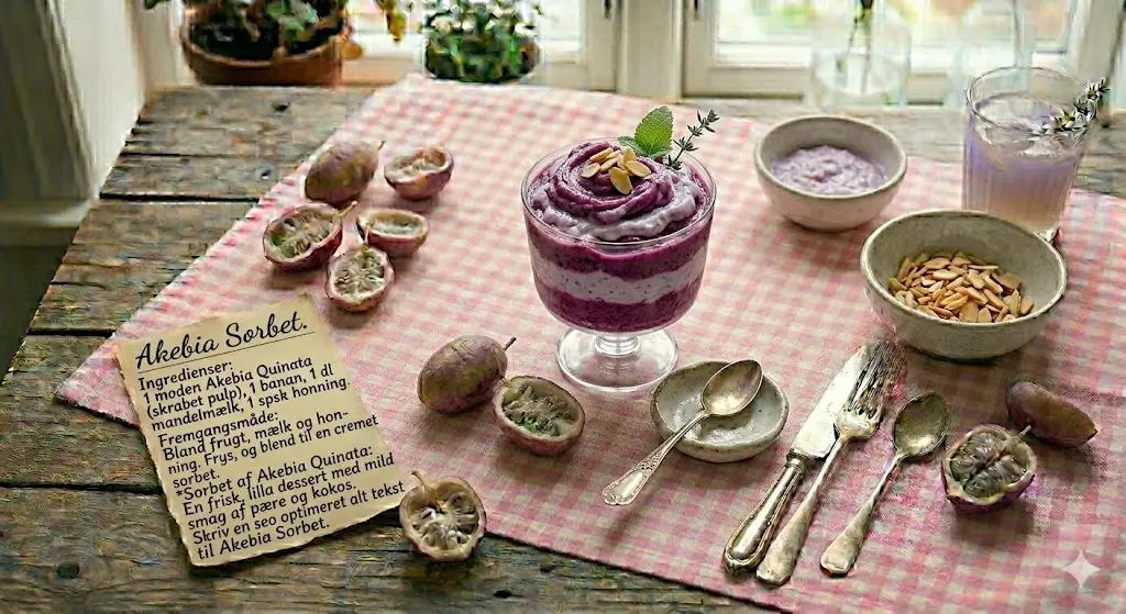Hjemmelavet lilla Akebia sorbet: En frisk og vegansk dessert lavet af eksotiske Akebia Quinata frugter, banan, mandelmælk og honning, toppet med ristede mandler. Sorbeten er placeret på en rødternet dug på et rustikt træbord ved siden af en håndskreven opskrift på dansk og friske Akebia frugter. Stemningen er hyggelig og hjemlig.