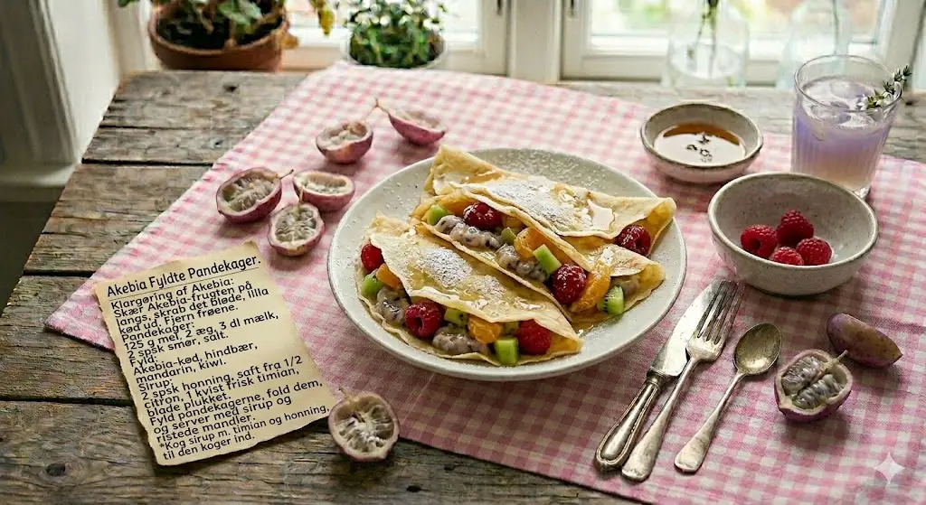 Hjemmelavet akebia-fyldte pandekager serveret med honningsirup, friske hindbær, mandarin og kiwi på en rødternet dug på et rustikt træbord. Ved siden af tallerkenen ses en håndskreven opskrift på pandekagerne, friske akebia-frugter og et glas friskpresset juice. Stemningen er hyggelig og hjemlig.
