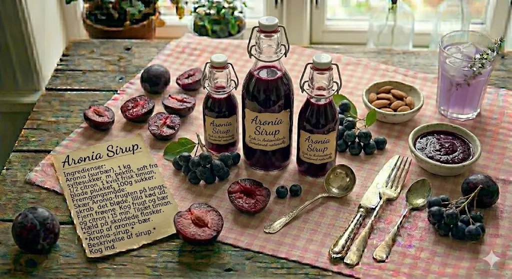 Hjemmelavet, mørkerød aronia-sirup på flasker med etiketten "Aronia Sirup", præsenteret på en rødternet dug på et rustikt træbord. Ved siden af flaskerne ses en håndskreven opskrift på dansk, friske aronia-bær (surbær), overskårne blommer og en lille skål med mandler. Stemningen er hyggelig, naturlig og hjemlig.