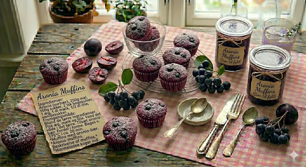 Hjemmebagte sunde aronia muffins: Lækre lilla muffins med friske surbær, toppet med flormelis, serveret på en rødternet dug på et rustikt træbord ved siden af en håndskreven opskrift på dansk og glas med aronia bær til fyld. Stemningen er hyggelig og hjemlig.