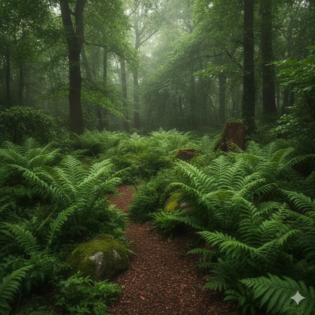 Et stemningsfuldt billede af en frodig skyggefuld have med forskellige bregner, herunder strudsevinge, der breder sig under høje træer. Solstråler filtrerer blødt gennem løvet og skaber et grønt, roligt og naturligt miljø, hvor bregnerne trives i skovbundens fugtige jord.