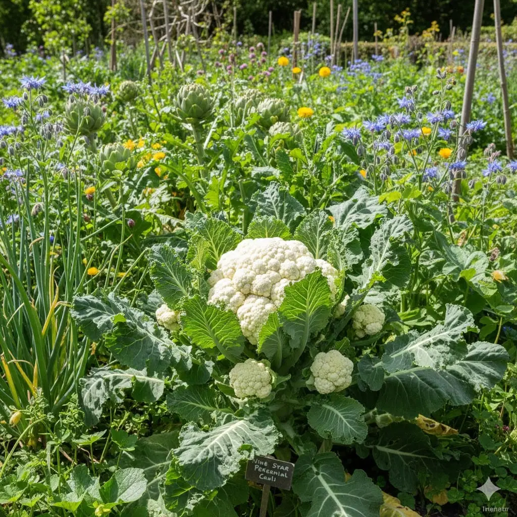 En frodig køkkenhave i foråret med en stor, grøn flerårig blomkålsplante af sorten ‘Nine Star’. Planten har et centralt, hvidt blomkålshoved og flere mindre sidehoveder. Solen skinner, og baggrunden viser andre flerårige grøntsager og blomstrende planter. Stemningen er livlig, naturlig og indbydende, med fokus på bæredygtighed og havens mangfoldighed.
