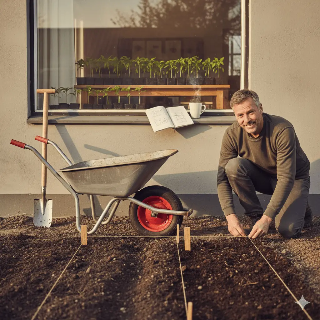 Et inspirerende billede af en dansk have i februar: I forgrunden ses en haveejer, der markerer nye bede med snor og pinde på den let fugtige jord. Ved siden af ligger en skarp spade og en trillebør med luft i dækkene. I baggrunden spirer små planter i vindueskarmen, fx chili, tomat og aubergine, mens en kop kaffe står på et bord ved siden af en notesbog med planteplaner. Stemningen er optimistisk og forårsforventningsfuld, med bløde vinterfarver og et strejf af sollys, der antyder, at foråret nærmer sig.