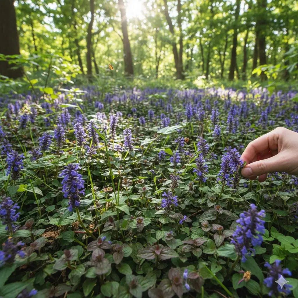 Et stemningsfuldt billede af en frodig skovhave med et tæt tæppe af krybende læbeløs (Ajuga reptans) i forgrunden. Planten breder sig med sine mørkegrønne, purpurfarvede og brogede blade, og mellem bladene skyder spir af dybblå og lilla blomster op. Solstråler filtrerer ned gennem trækronerne og rammer de blomstrende planter, mens bier og sommerfugle summer omkring blomsterne. I billedets ene hjørne ses en hånd, der nænsomt plukker unge blade og blomster, klar til at blive brugt i et køkken – måske som pynt på en salat eller dessert. Stemningen er naturlig, indbydende og fuld af liv, med fokus på både plantens skønhed, dens rolle som bunddække og dens spiselige muligheder.