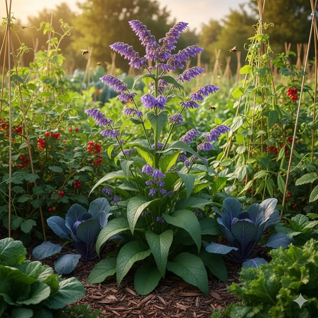 Et inspirerende billede af en frodig permakulturhave med kulsukker ‘Bocking 14’ i centrum. Planten står kraftfuldt med store, grønne blade og lilla klokkeformede blomster, omgivet af andre sunde grøntsager og frugtbuske. I baggrunden ses bier og humlebier, der summer omkring blomsterne, og haven emmer af liv, biodiversitet og naturlig balance. Stemningen er optimistisk og indbydende, med blødt sollys, der fremhæver planternes vitalitet og havens bæredygtige skønhed.
