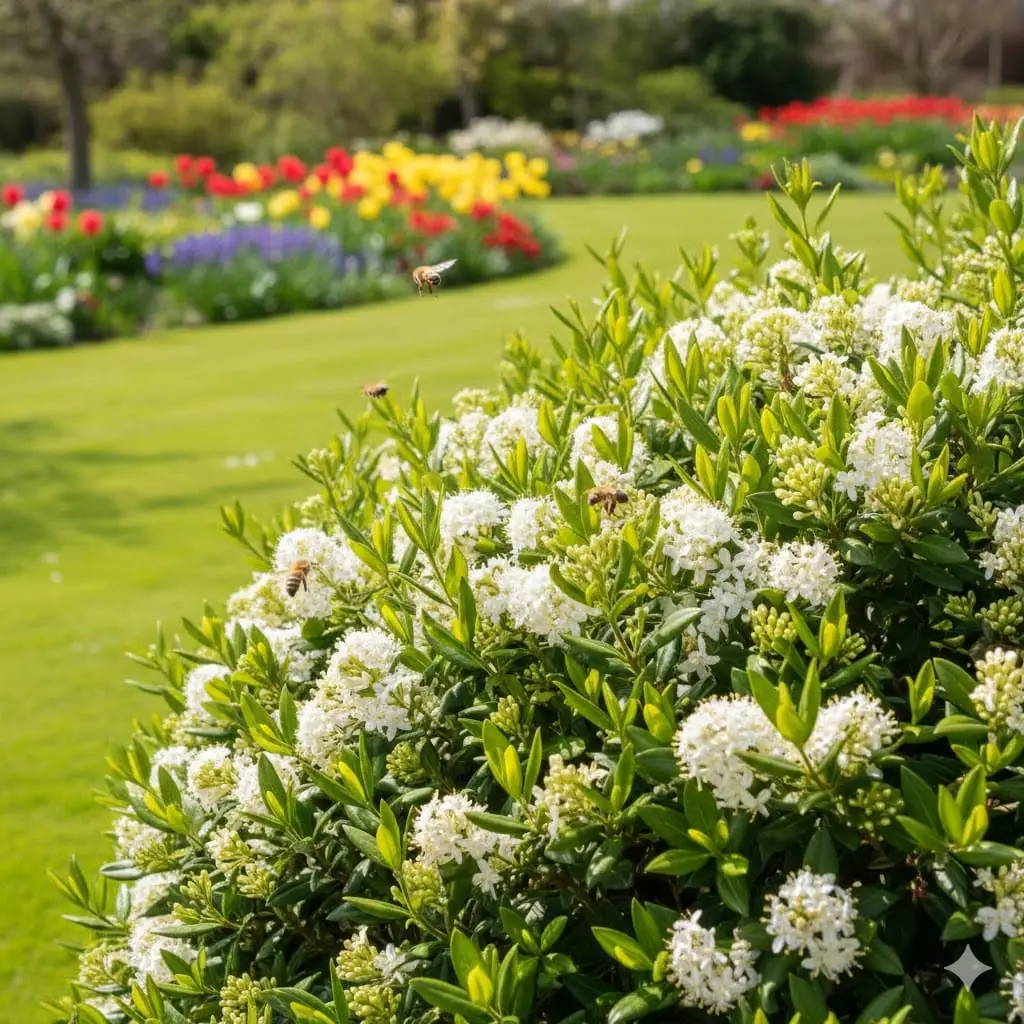 En tæt, frodig stedsegrøn ligusterhæk i forårssol, hvor bier summer omkring de hvide blomster. I baggrunden ses en velplejet have med grøn græsplæne og farverige blomsterbede. Stemningen er fredelig og indbydende, og lyset filtreres blidt gennem hækkens blade.