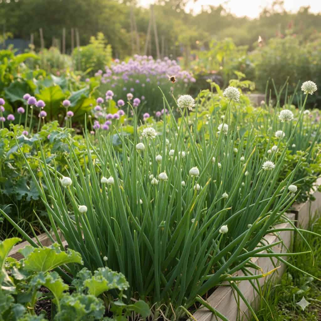 Et inspirerende billede af en frodig køkkenhave i foråret, hvor pibeløg (Allium fistulosum) vokser i tætte, grønne tuer langs bedkanterne. Solen skinner blidt, og de hule, grønne blade strækker sig opad, mens enkelte hvide blomsterkugler svæver over planterne. I baggrunden ses andre flerårige grøntsager og blomstrende urter, der tiltrækker bier og sommerfugle. Stemningen er livlig, naturlig og fuld af vækstglæde.