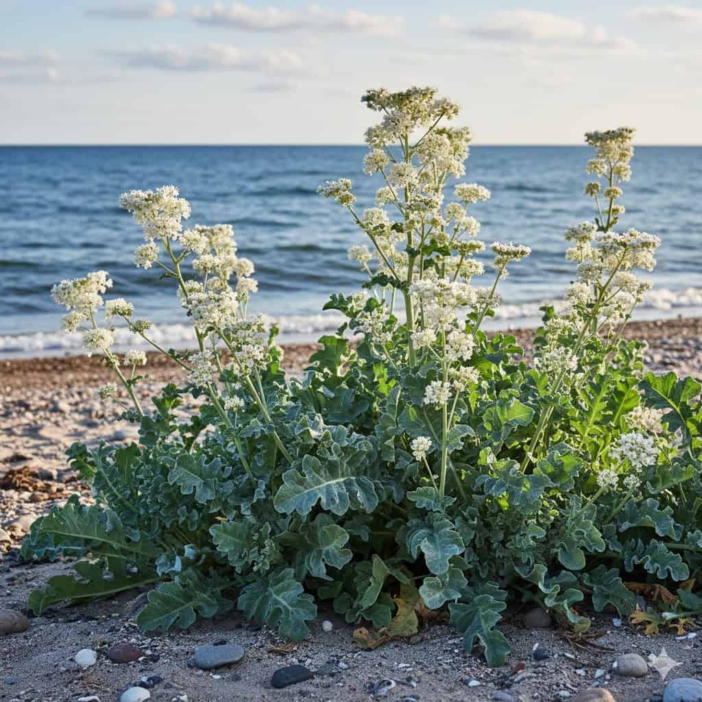 Et stemningsfuldt billede af strandkål (Crambe maritima) i naturlige omgivelser: Store, bølgede, blågrønne og sølvskinnende blade breder sig ud på en sandet strandbred med havet i baggrunden. Smukke, hvide blomsterklaser rejser sig over bladene, mens solen skinner og vinden får planterne til at bølge let. Stemningen er nordisk, frisk og vild, med et strejf af gourmet og naturens rå skønhed.