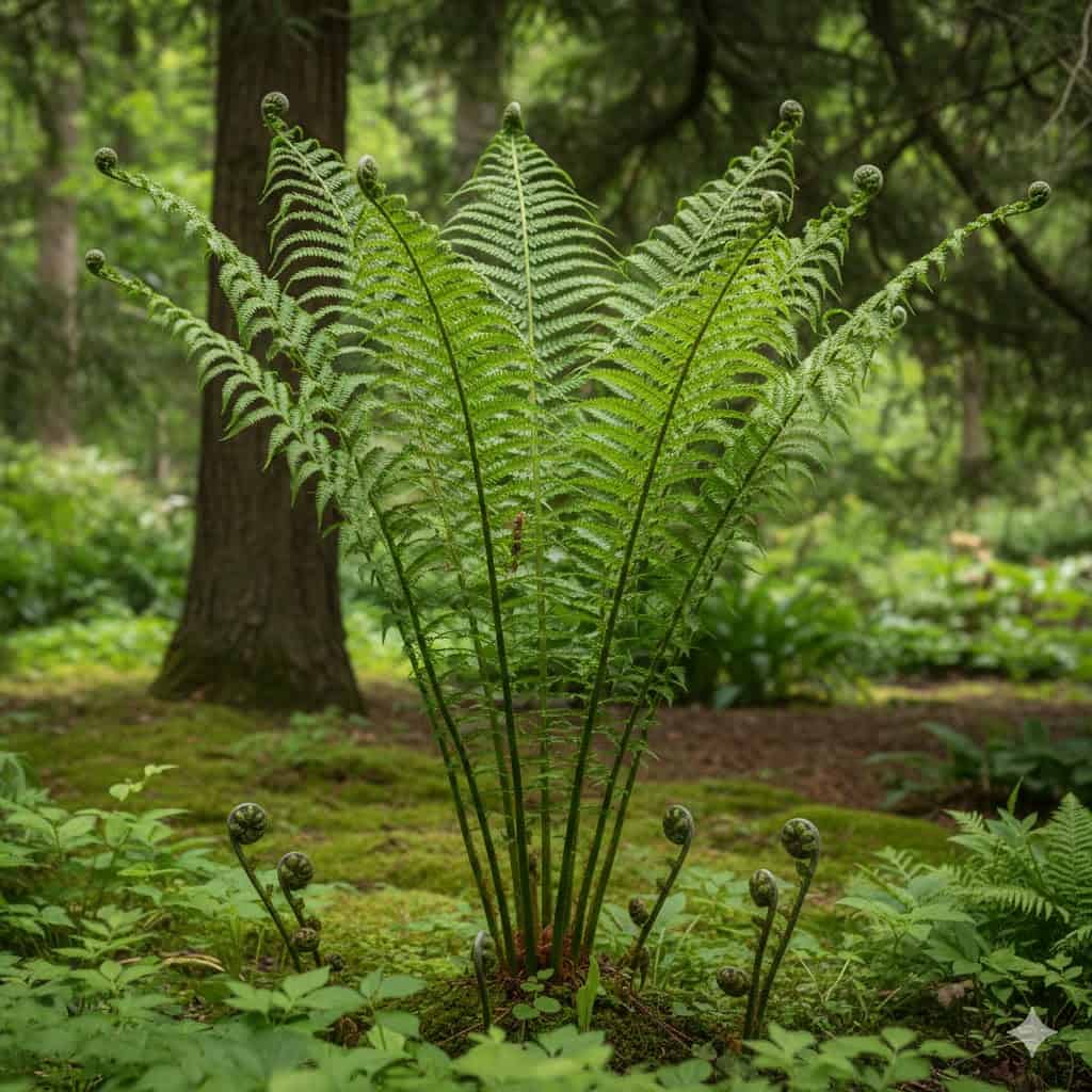 Et stemningsfuldt billede af en frodig strudsevingebregne (Matteuccia struthiopteris) i botanisk have. Bregnen står i halvskygge under store træer, med sine elegante, tragtformede, fjerlignende blade, der breder sig ud i grønne vifter. I forgrunden ses de unge, sammenrullede skud ("fiddleheads"), klar til høst. Baggrunden er let sløret og antyder en fugtig skovbund med mos og andre skyggeplanter. Stemningen er rolig, grøn og indbydende – et perfekt eksempel på botanisk skønhed og forårsfornemmelse.