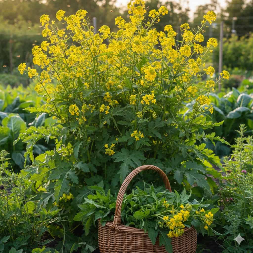 Et stemningsfuldt billede af en frodig takkeklap-plante (Bunias orientalis) i en grøn have. Planten står med store, takkede blade og høje stængler dækket af små, gule blomster, omgivet af bier og svirrefluer. Foran planten ligger en kurv med friskhøstede blade, blomsterknopper og stængler klar til madlavning. I baggrunden ses en solrig køkkenhave med andre grøntsager, og lyset fremhæver plantens vitalitet og robusthed. Billedet udstråler biodiversitet, bæredygtighed og glæden ved at dyrke og bruge vilde, flerårige planter i haven.