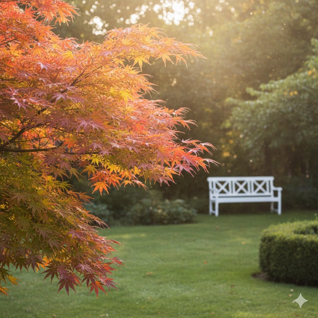 Et inspirerende billede af en japansk løn (Acer palmatum) i en smuk have. Træet står i centrum med sine karakteristiske, dybt fligede blade i levende røde og orange nuancer. Baggrunden viser en rolig, grøn have med bløde solstråler, der filtrerer gennem trækronerne. Stemningen er fredfyldt og harmonisk, og billedet udstråler naturens skønhed og elegance.