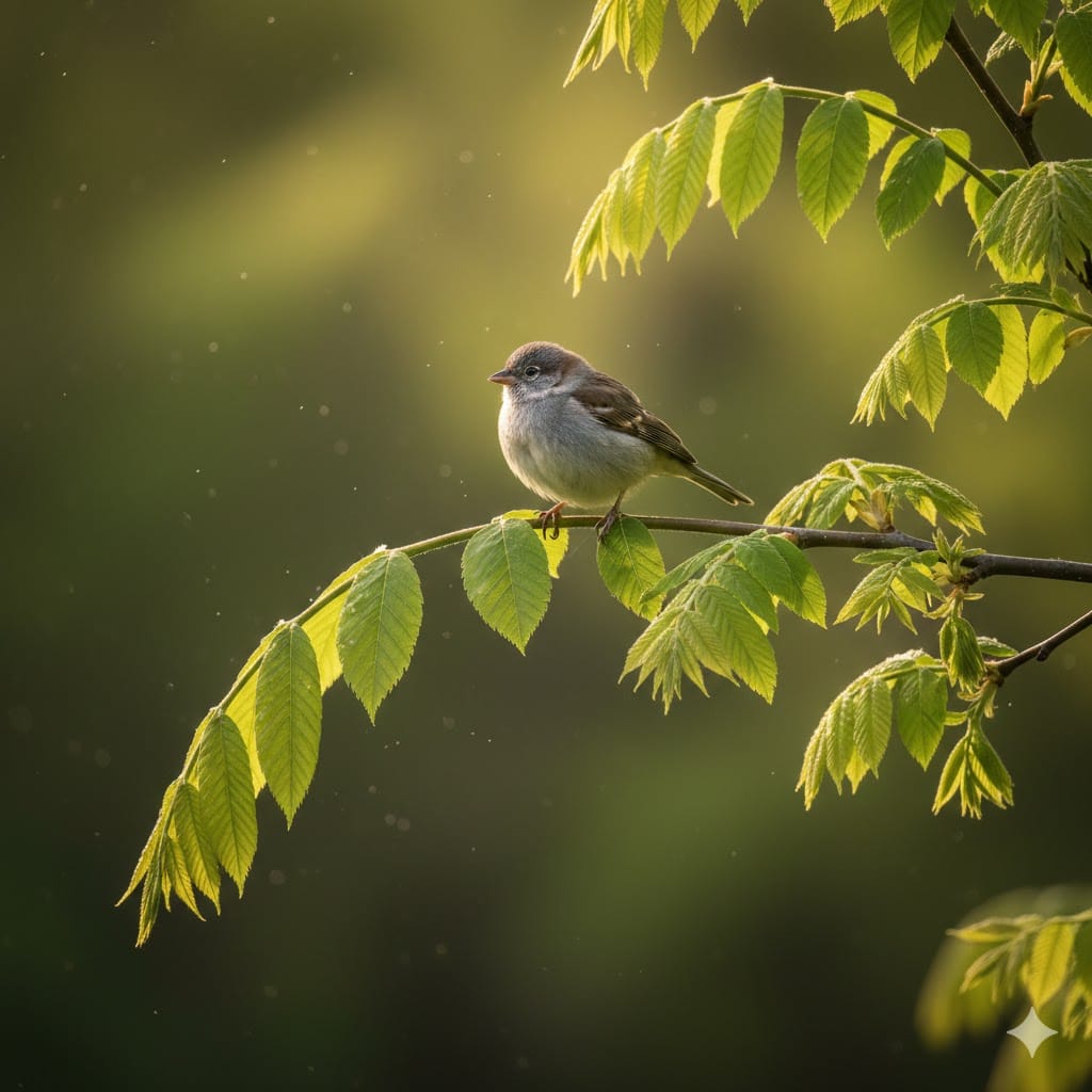 Et nærbillede af en grøn gren fra et asketræ, der bøjer sig uden at knække under vægten af en fugl. Sollyset filtrerer gennem bladene og fremhæver grenens styrke og fleksibilitet."