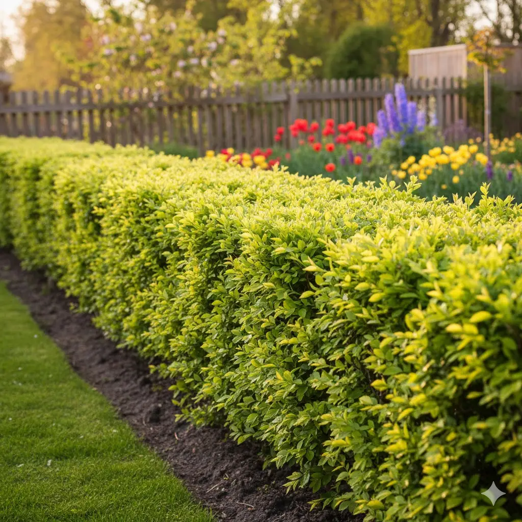 En tæt, frodig avnbøgehæk i forårssol, hvor lysegrønne blade danser i vinden. Hækken står skarpt klippet og markerer en smuk, velplejet have med blomstrende bede og et hyggeligt træhegn i baggrunden. Stemningen er fredfyldt og indbydende, med bløde solstråler, der filtrerer gennem bladene og skaber et spil af lys og skygge på jorden.